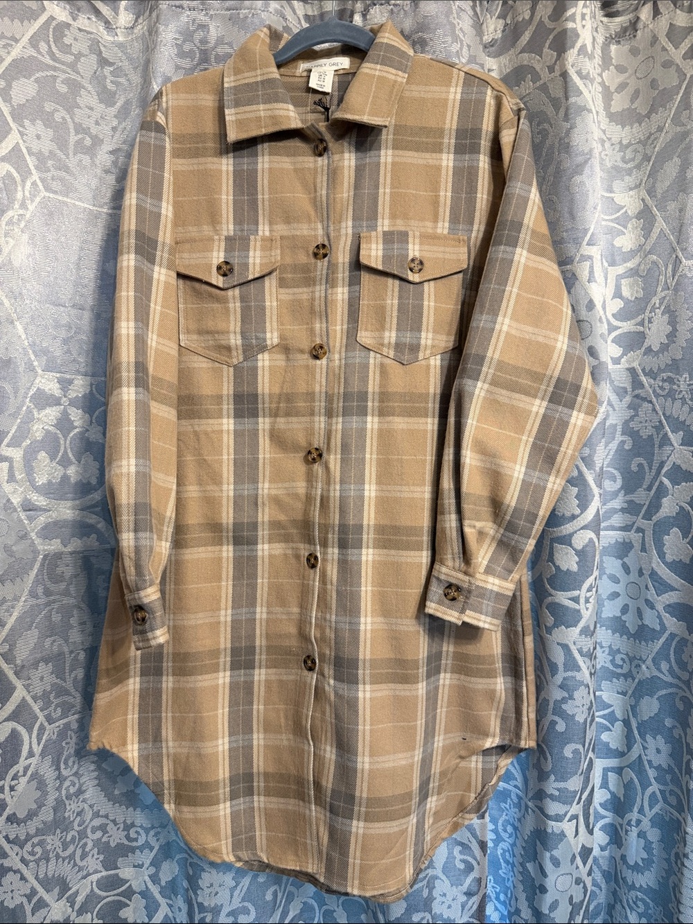 Button-Front Midi Shirt Dress in Tan Plaid